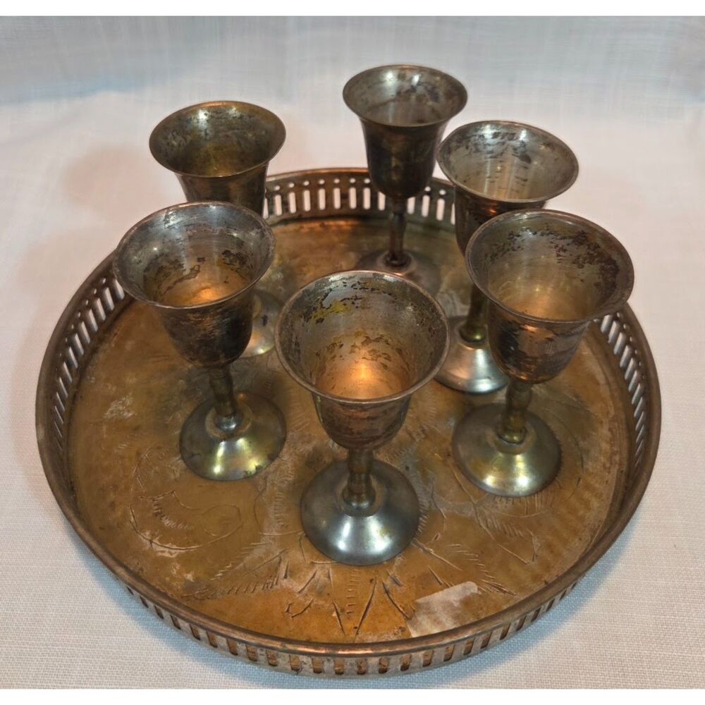 Vintage India Silverplate Cordial Goblets Set of 6 Etched Brass Serving Tray